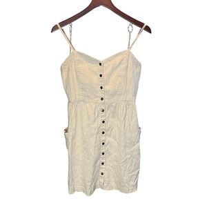 Forever 21 Linen Blend Button Front Mini Dress Cream Beige Large Pockets Strappy